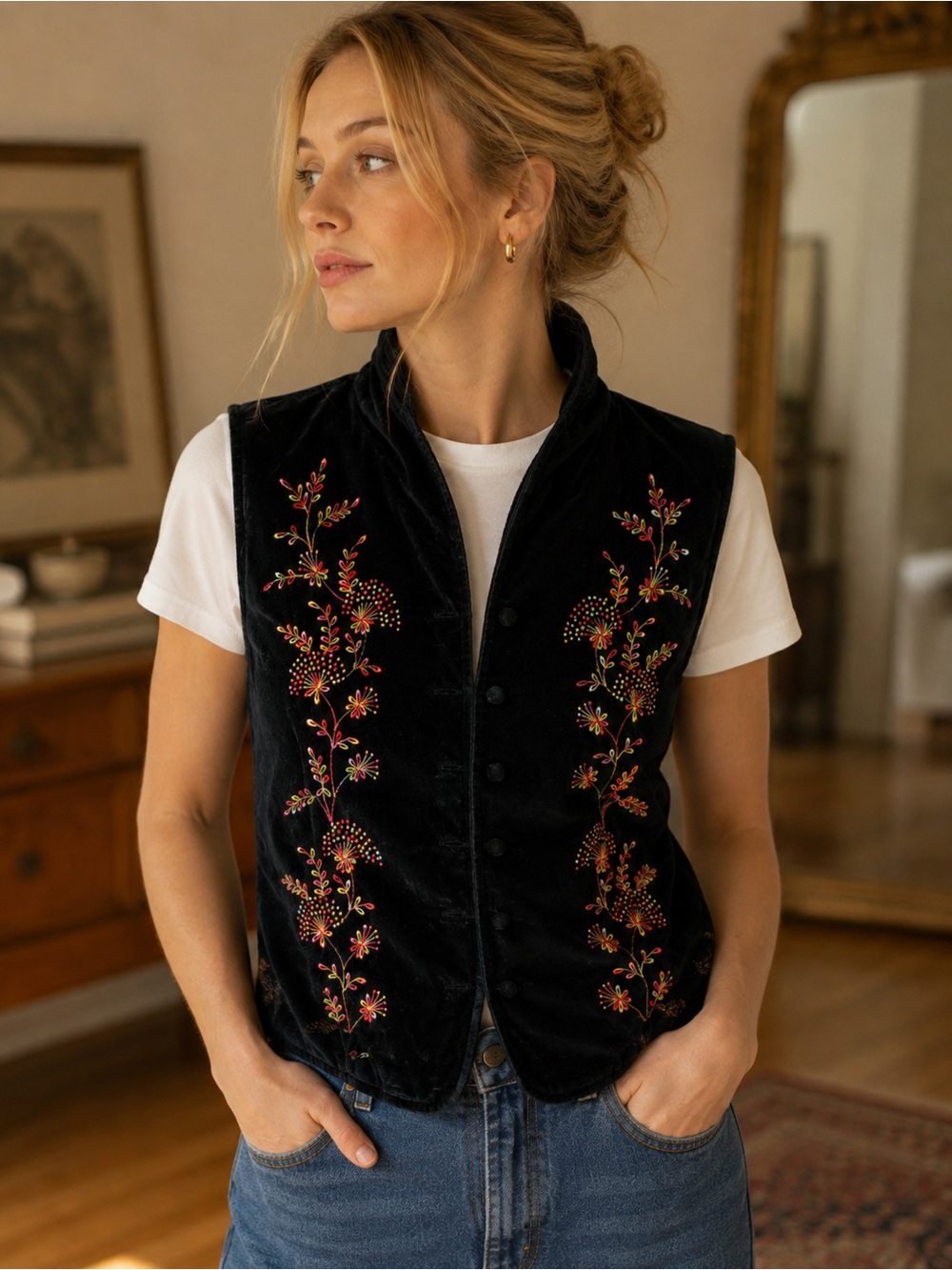 Coldwater Creek Vintage 90s Black Velvet Embroidered Vest XL Floral Boho